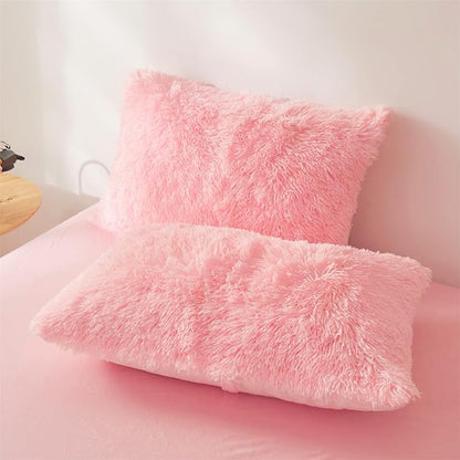 Fluffy Faux Fur Pink Comforter Cover Set Queen - Ultra Soft Plush Pink Bedding Sets 3 Pieces (1 fluffy duvet cover + 2 Faux Fur Pillow case) Cute Pink Bed Set (Light Pink, Queen)