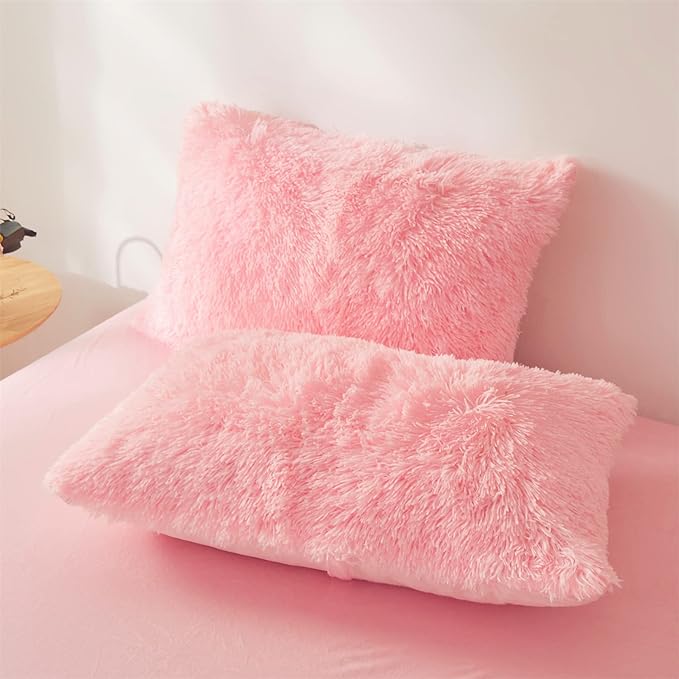 Fluffy comforters Cover twin size - Ultra Soft Plush pink bedding Sets 2 Pieces (1 faux fur comforter Cover + 1 fuzzy pillow case) girls shaggy Pink twin bed set (Light Pink, Twin)