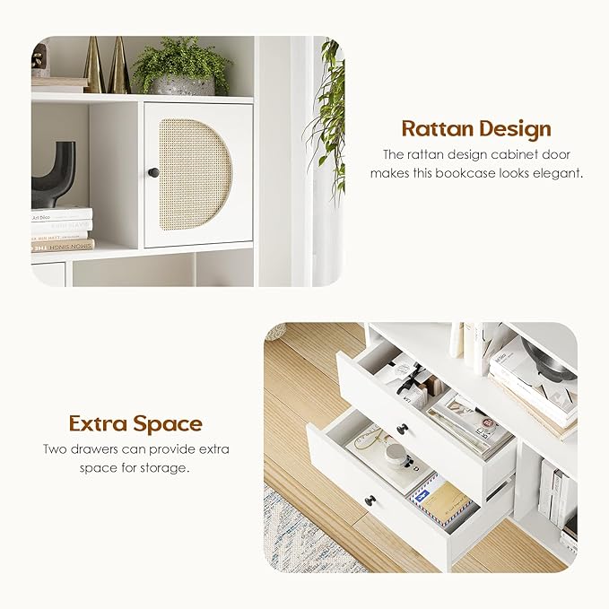 Soohow 4 Shelf Bookcase and Bookshelves with Drawer, 65” Tall Bookcases with Storage Shelves, Bookshelves and Bookcases with Rattan Cabinet and Metal Legs for Home Office, Living Room and Bedroom.