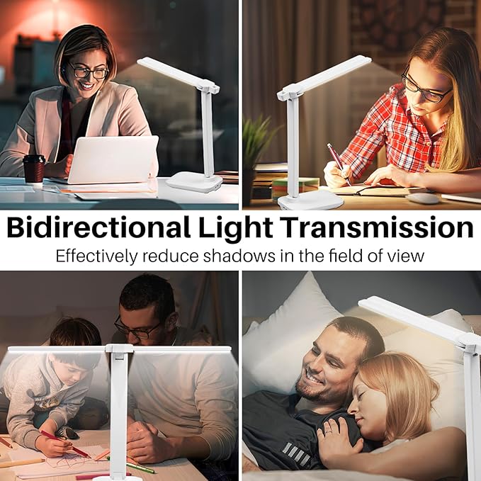 LED Desk Lamp Dimmable Double Head Reading Lamp with USB Charging Port, 3 Lighting Modes, Sensitive Control, Eye-Caring Office Lamp for Study Reading Drafting (White)