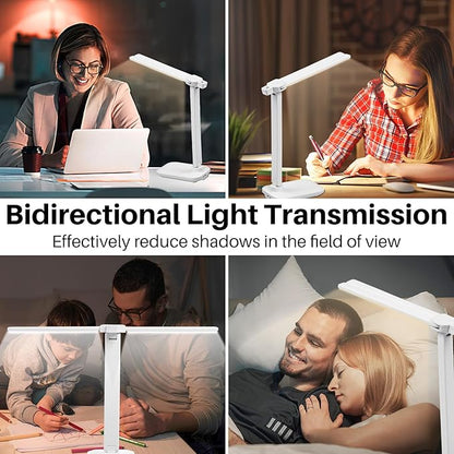 LED Desk Lamp Dimmable Double Head Reading Lamp with USB Charging Port, 3 Lighting Modes, Sensitive Control, Eye-Caring Office Lamp for Study Reading Drafting (White)