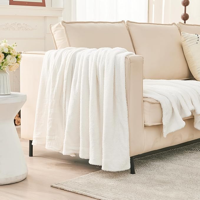EMME White Throw Blanket Muslin and Fleece Blanket for Women Reversible - 50"*60" Soft & Cozy Warm Lightweight Small Blankets for Couch Bed Picnic Travel Bed