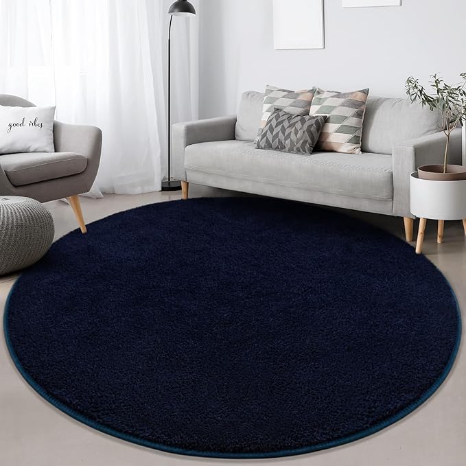 Round Area Rugs for Bedroom Living Room, 4x4 Navy Blue Super Soft Comfy Thickened Memory-Foam Indoor Circle Carpets, Modern Aesthetic Minimalist Carpet for Boys Girls Adults Nursery Home Décor
