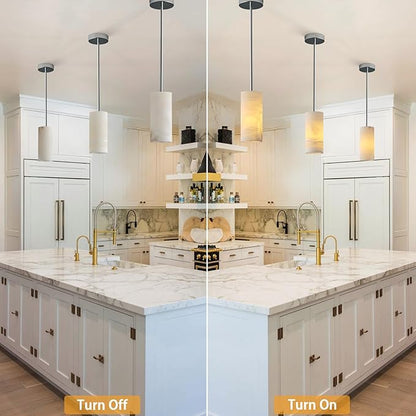 Alabaster Pendant Lights Kitchen Island, Nickel Hand Carved Alabaster Cylinder Pendent, Spanish Natural Marble Light Pendant for Bedroom Bathroom Dining Room Living Room- 3 PC