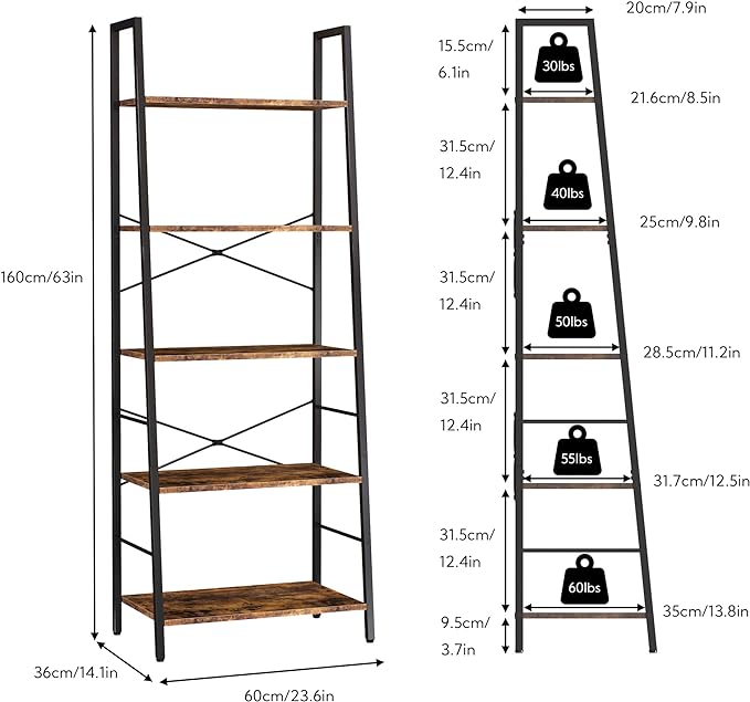 Yusong Bookshelf, Ladder Shelf 5-Tier Bookcase for Bedroom, Industrial Book Shelves Storage Rack with Metal Frame for Home Office, Rustic Brown