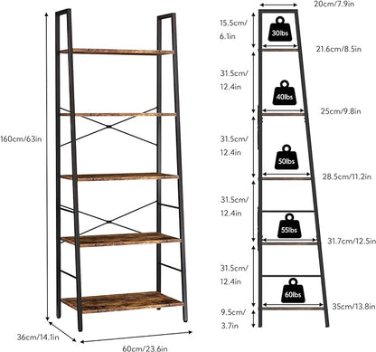 Yusong Bookshelf, Ladder Shelf 5-Tier Bookcase for Bedroom, Industrial Book Shelves Storage Rack with Metal Frame for Home Office, Rustic Brown