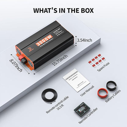 3000 Watt Pure Sine Wave Inverter 12V DC to 110V/120V AC Converter for RV/Truck/Home/Off-Grid Solar Car Power Inverter for Vehicles with 4 AC, 2 USB & 1 Type-C Ports, Remote Controller Cable Included