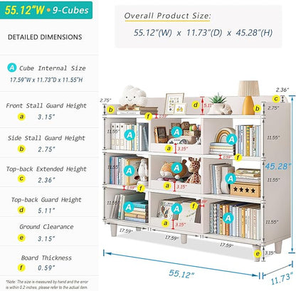 Wooden Cube Bookcase with Legs - 3-Tier Open Shelf Kidsroom Sorted Storage Cabinet Organizer for Books and Toys, 9-Cube Lattice Cute Cubby Bookshelf in Pearl White, 55" W