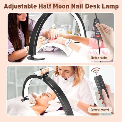 HITTI Large Half Moon Light for Nail Desk with Phone Holder, Foldable Nail Tech Light, Lash Table Lamp with Wire Controller & Remote, 7 Color Modes 10 Brightness for Extension Tattoo Craft Beauty