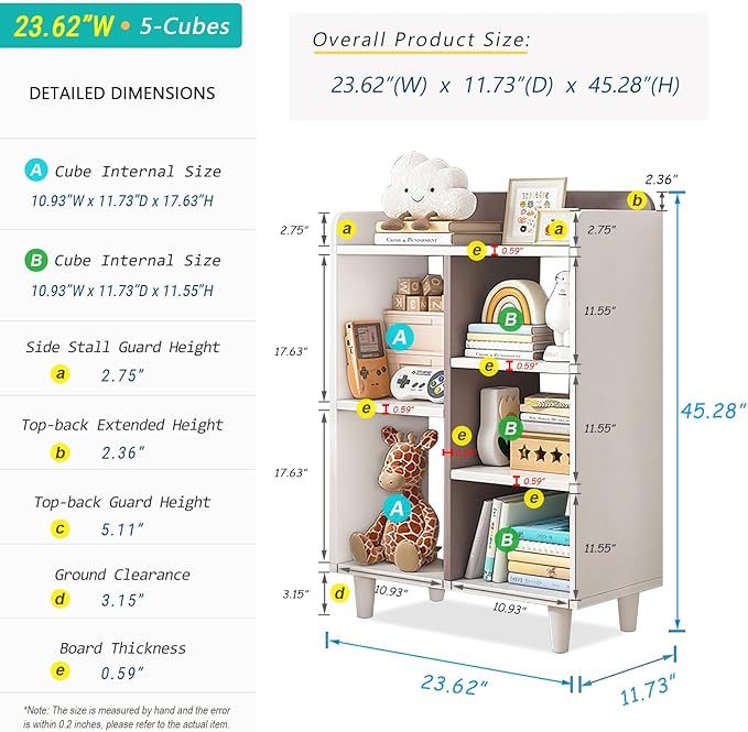 Wooden Cube Bookcase with Legs - 3-Tier Open Shelf Kidsroom Sorted Storage Cabinet Organizer for Books and Toys, 5-Cube Lattice Cute Cubby Bookshelf in White Mixed Mocha Brown, 24" W