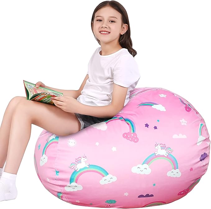 Lukeight Unicorns Stuffed Animal Storage Bean Bag Chair Cover for Kids, Unicorns Zipper Beanbag Chair Cover for Organizing Toddler & Kids' Rooms Plush Toys (Rainbow Pink, X-Large)