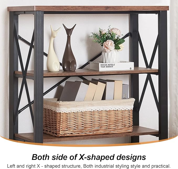 HOMBAZAAR Bookshelf, 3-Tier Industrial Bookshelf, Etagere Bookcases and Bookshelves, Small Bookshelf Storage Organizer, Freestanding Bookshelf for Living Room, Bedroom and Home Office, Brown