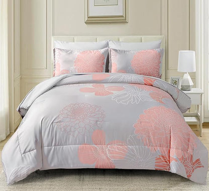 Yiran 7 Pieces Blush Grey Comforter Set Floral Bed in a Bag Soft Microfiber Comforter Bedding Set Queen Size 90"×90"(1 Comforter,2 Pillowcases,2 Pillow Shams,1 Flat Sheet,1 Fitted Sheet)