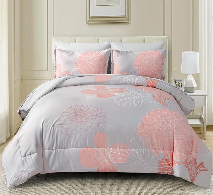 Yiran Blush Grey Floral Bed in a Bag Comforter 7 Pieces Soft Microfiber Comforter Set Bedding Set King Size 103"×90"(1 Comforter,2 Pillowcases,2 Pillow Shams,1 Flat Sheet,1 Fitted Sheet)