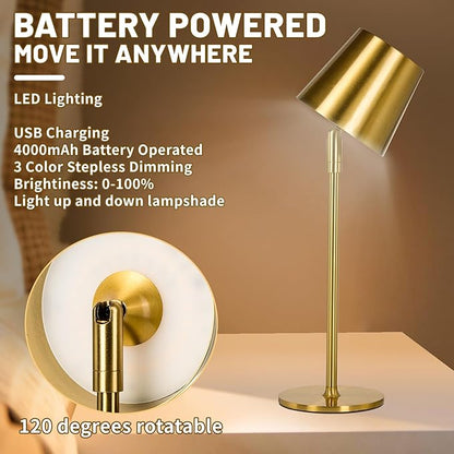 Cordless Table Lamp,Portable LED Desk Lamp, Battery Operated, 3 Color Stepless Dimming Up, for Restaurant/Bedroom/Bars/Outdoor Party/Camping/Coffee Shop Night Light。 (Gold)
