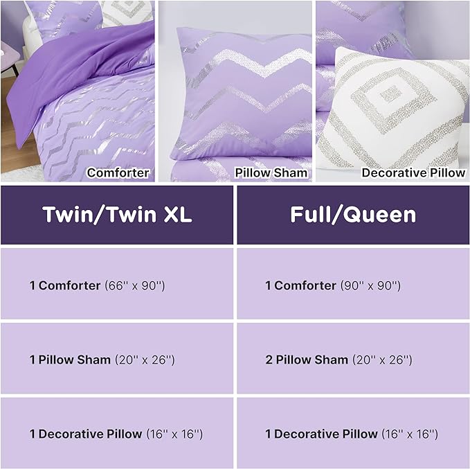 Codi Purple Comforter Set Full - Metallic Silver and Lavender Bedding Sets Queen Size - 4 Piece Set for Girls, includes 1 Comforter, 1 Decorative Pillow, 2 Pillow Cases - All Season Warm