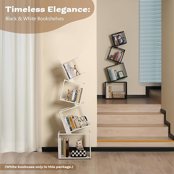 Bookshelf, 4-Tier Bookshelves, 49.2" Tall White Bookshelf, Book Shelf, Bookcase, Modern Book Storage, Storage Shelves for CDs/Books/Home Decor, Display Shelf for Living Room, Bedroom, Office