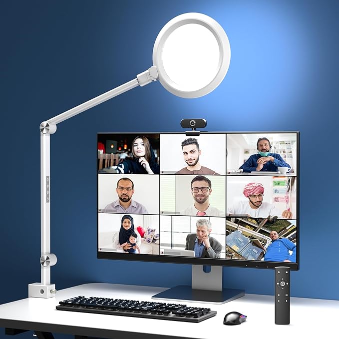 LED Desk Lamp for Video Conferencing, Webcam Light, Reading Light, Dimmable 4 Color Modes, 18W Desk Light, Clip on Light, Eye Care Zoom Light, for Home Office and Office Use