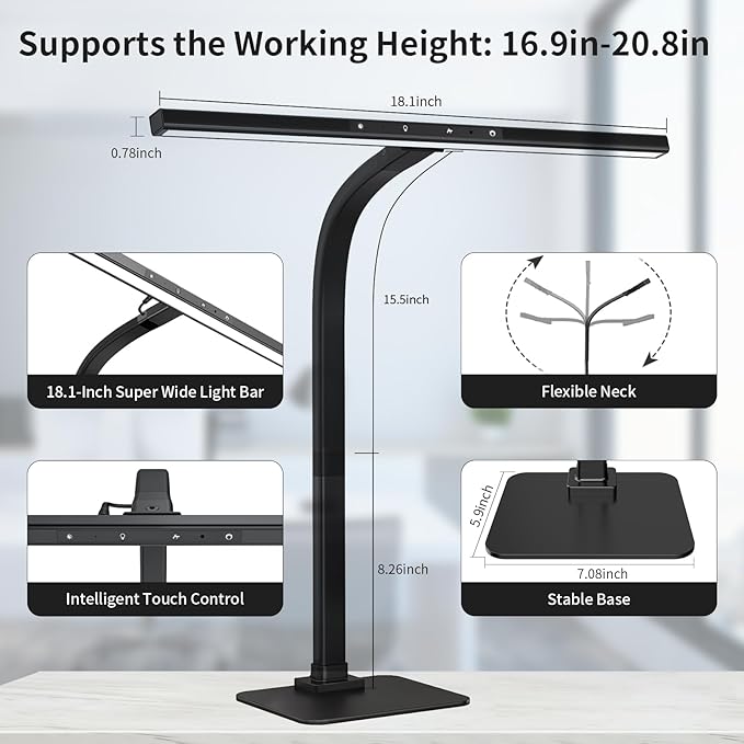 EppieBasic Led Desk Lamp, Architect Desk Lamps for Home Office, 12W Dimmable & 6 Color Modes Extra Bright Modern Table lamp with Base, Auto Dimming Overhead Desk Lighting for Workbench Monitor
