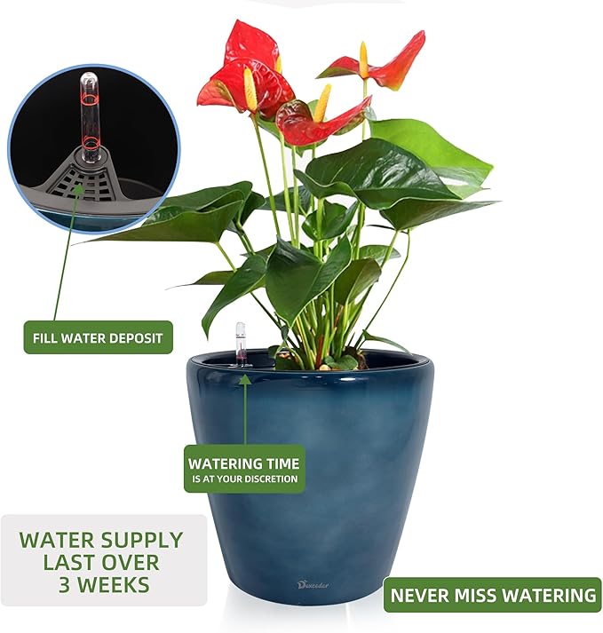 Dexceder 18x17 Self Watering Planter with Wheels Indoor Outdoor, Inner Pot Design, Thickened Large Floor Standing Flower Plant Pot with Water Level Indicator (Grayish Green Gradient)