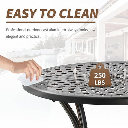 Cast Aluminum Patio Dining Set, Outdoor Bistro Set, 31.5" Round Patio Table with Umbrella Hole, 2 Patio Chairs for Yard Porch Garden Balcony
