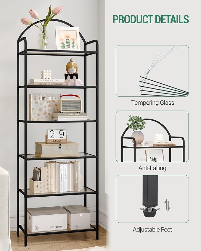 Bookcase Bookshelf, Tempered Glass Bookshelves, Slim Shelving Unit for Bedroom, Bathroom, Home Office, Steel Frame, 6 Tier Black BC21699B