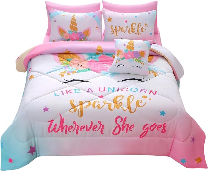 JQinHome Unicorn Queen Bedding Sets for Girls Kids,8 Piece Bed in A Bag 3D Colorful Flower Girl Unicorn Comforter Set with Sheet Set(Sparkle)