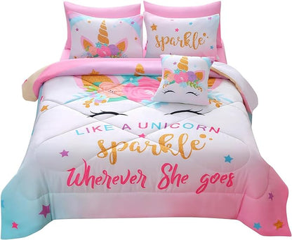 JQinHome Unicorn Queen Bedding Sets for Girls Kids,8 Piece Bed in A Bag 3D Colorful Flower Girl Unicorn Comforter Set with Sheet Set(Sparkle)