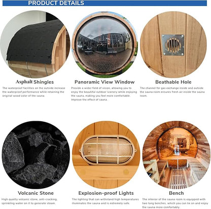ZONEMEL Outdoor Barrel Steam Sauna with Panoramic View, Canadian Hemlock Wood Sauna for 4-6 Person, 6KW Heater, Rocks, 8mm Tempered Glass, Waterproof System, 220V