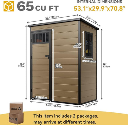 DWVO 5x3FT Outdoor Storage Shed with Fence-Style and Side Windows, Floor, Lockable Doors, Plastic Storage for Backyard and Garden, Brown