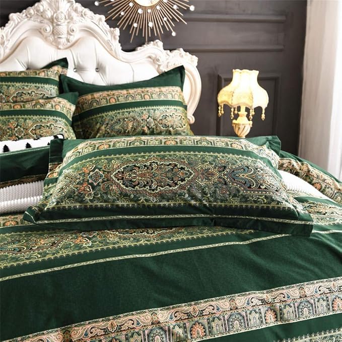 ABREEZE Bohemian Vintage Cal.King Size Floral Cotton Bedding Set 3Pcs Duvet Cover Set Boho Green Paisley 100% Egyptian Brushed Cotton Reversible Home Bedding Collection