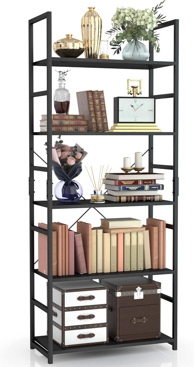 NUMENN 5 Tier Bookshelf, Tall Bookcase Shelf Storage Organizer, Modern Book Shelf for Bedroom, Living Room and Home Office, Black
