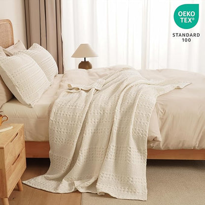 PHF 100% Cotton Waffle Weave Throw Blanket, Soft Lightweight Breathable Cozy Summer Throws for Couch Bed Sofa, Luxury Aesthetic Woven Blanket for Home Decor & Office, 50"x60", Undyed