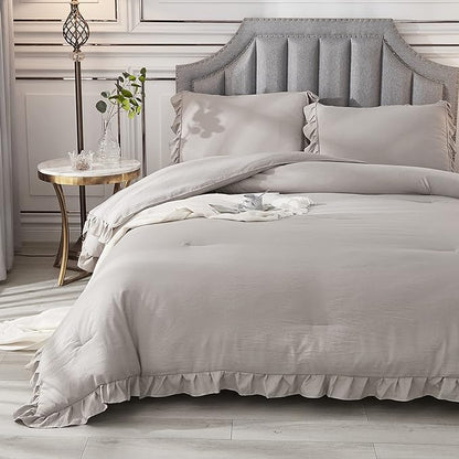 Andency Wheat Ruffle Comforter Full(79x90Inch), 3 Pieces(1 Ruffled Comforter and 2 Pillowcases) Vintage Ruffle Fringe Comforter, Farmhouse Rustic Microfiber Down Alternative Bedding Comforter Set