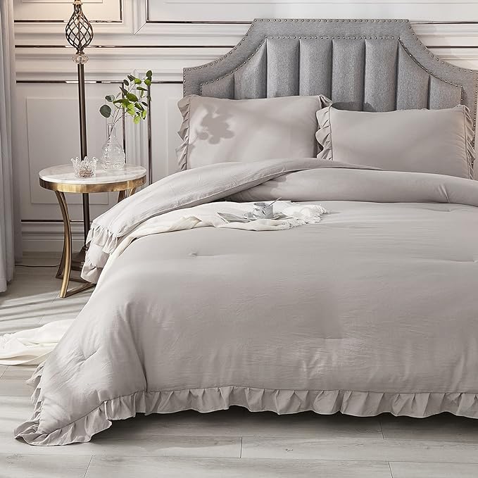 Andency Wheat Ruffled Comforter King(104x90Inch), 3 Pieces(1 Ruffle Comforter and 2 Pillowcases) Vintage Ruffle Fringe Comforter, Farmhouse Rustic Microfiber Down Alternative Bedding Comforter Set