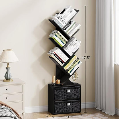 Vagusicc 6 Tier Tree Bookshelf, Modern Floor Standing Bookcase with Storage Drawer, Space Saving Storage Organizer Book Shelves for Books, Tall Wood Storage Rack for Bedroom/Living Room/Home Office
