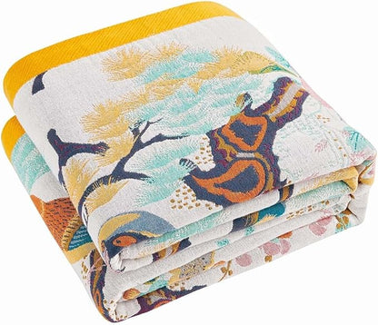 Fall Throw Blanket for Couch, Yellow Boho Decorative Throw Blanket, 100% Cotton Muslin Breathable Woven Farmhouse Blankets Quilt, 50"x60" Reversible Lightweight Blankets Bohemian Throw Quilt