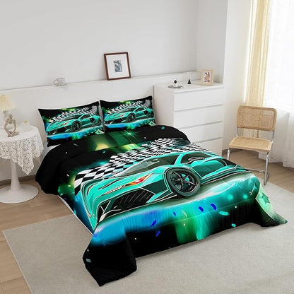 Teal Race Car Comforter Set Full Size, Black White Lattice Bedding Set 2pcs for Kids Boys Teens Room Decor,Extreme Sport Games Quilt Set,Cool Modern Duvet Insert with 2 Pillowcases
