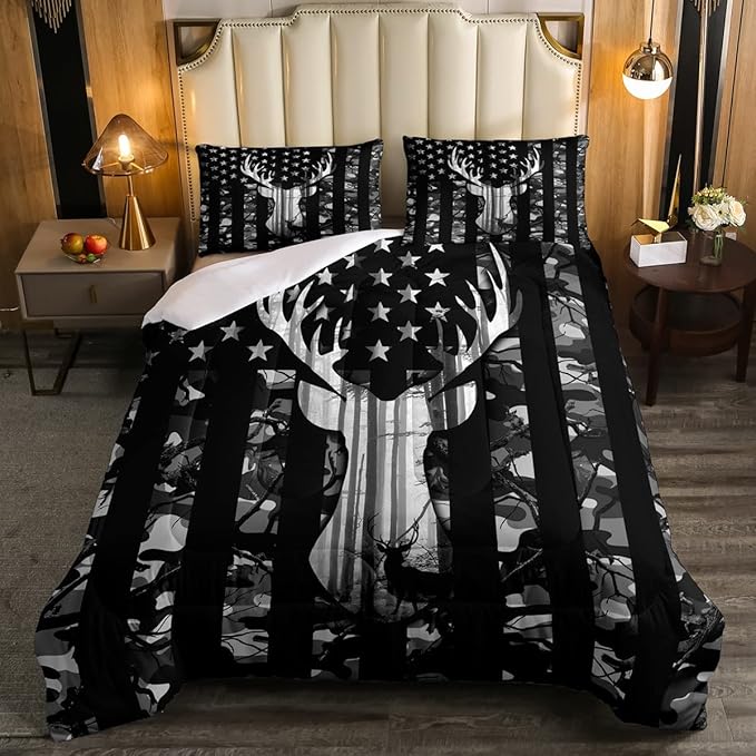Black Grey Camo Comforter Set King Size,Camouflage American Flag Bedding Set,Deer Antlers Silhouette Down Comforter,Kids Teens Adults Bedroom Decor,Xmas Animal Rustic Duvet Insert,3Pcs,2 Pillowcases