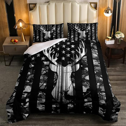 Black Grey Camo Comforter Set King Size,Camouflage American Flag Bedding Set,Deer Antlers Silhouette Down Comforter,Kids Teens Adults Bedroom Decor,Xmas Animal Rustic Duvet Insert,3Pcs,2 Pillowcases