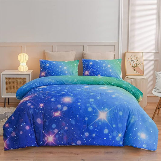 Holawakaka Kids Space Star Glitter Comforter Set Ombre Blue & Green Print Gradient Bedding Set Twin Size(Blue Green, Twin)