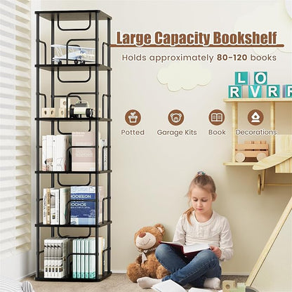 5 Tier Square Rotating Bookshelf, 360 ° Display Stackable Spinning Bookshelf Tower, Space Saving Tall Floor Standing Swivel Bookcase Corner Storage Organizer for Bedroom, Living Room, Black