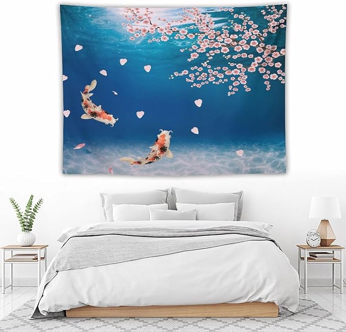 Japanese Koi Fish Tapestry, Cherry Blossoms Asian Oriental Blue Floral Branch Koi Fish Carp Tapestries Wall Hanging for Bedroom Living Room Office Decor 80"x60"
