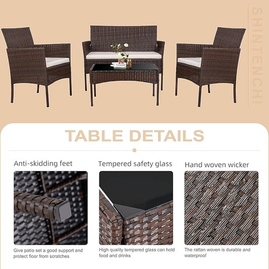 Shintenchi 4 Piece Outdoor Patio Furniture Sets, Small Wicker Patio Conversation Furniture Rattan Chair Set with Tempered Glass Coffee Table for Backyard Porch Garden Poolside Balcony
