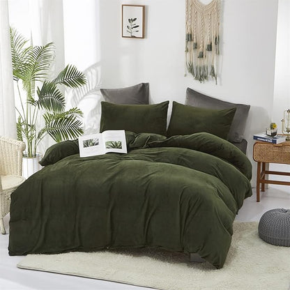 Dark Green Velvet Comforter Set King Army Green Flannel Velvet Bedding Comforter Set All Deep Green 3 PCs Shaggy Soft Warm and Durable Flannel Blanket King Women Green Velvet Bedding Set