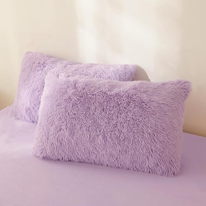 Fluffy Lilac comforters Cover twin size - Ultra Soft Plush Lilac bedding Sets 2 Pieces (1 faux fur comforter Cover + 1 fuzzy pillow case) girls shaggy Lilac twin bed set (Lilac, Twin)