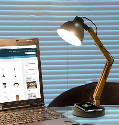 ELINKUME LED Desk Working Lamp with Charging(Wireless/USB-A/Typ-C),Wood Swing Arm Table Bedside Lamp, Black Metal Lampshade,Vintage Reading Light for Office,Study,Bedroom,Living Room(Excluding Bulb)