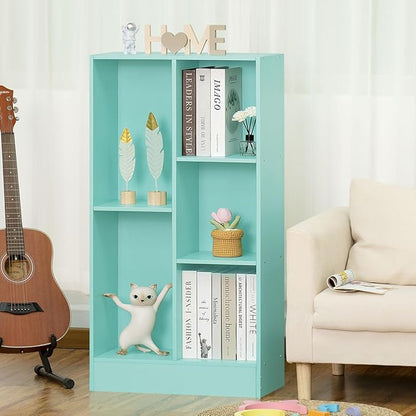LEYAOYAO 5 Cube Bookshelf with Base,3 Tier Modern Mint-Green Kids Bookcase,Standing Wide Bookshelves Storage Organizer Toy Shelf,Wood Display Children's Book Shelves for Bedroom,Living Room,Nursery