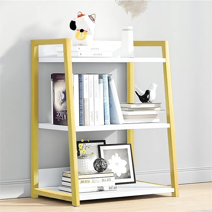 IOTXY 3 Tier Open Bookshelf - Steel and Wood Display Stand, 50CM Width Floor-Standing Bookcase, Gold