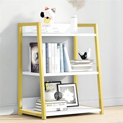 IOTXY 3 Tier Open Bookshelf - Steel and Wood Display Stand, 50CM Width Floor-Standing Bookcase, Gold
